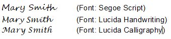 Example of word signature fonts